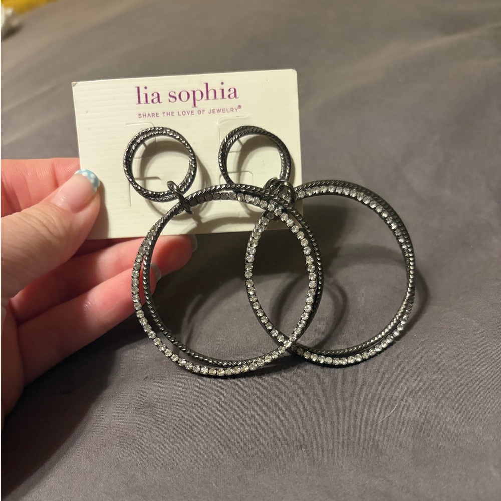 NWT Lia Sophia Black Crystal Double Hoop Earrings